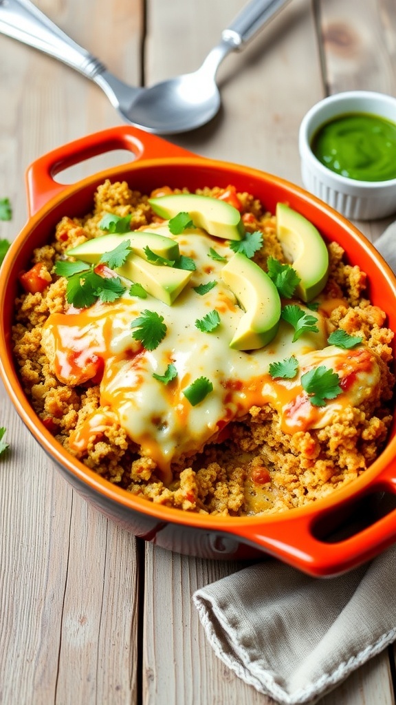 A quinoa chicken taco bake topped with cheese, cilantro, and avocado, served on a wooden table with salsa.